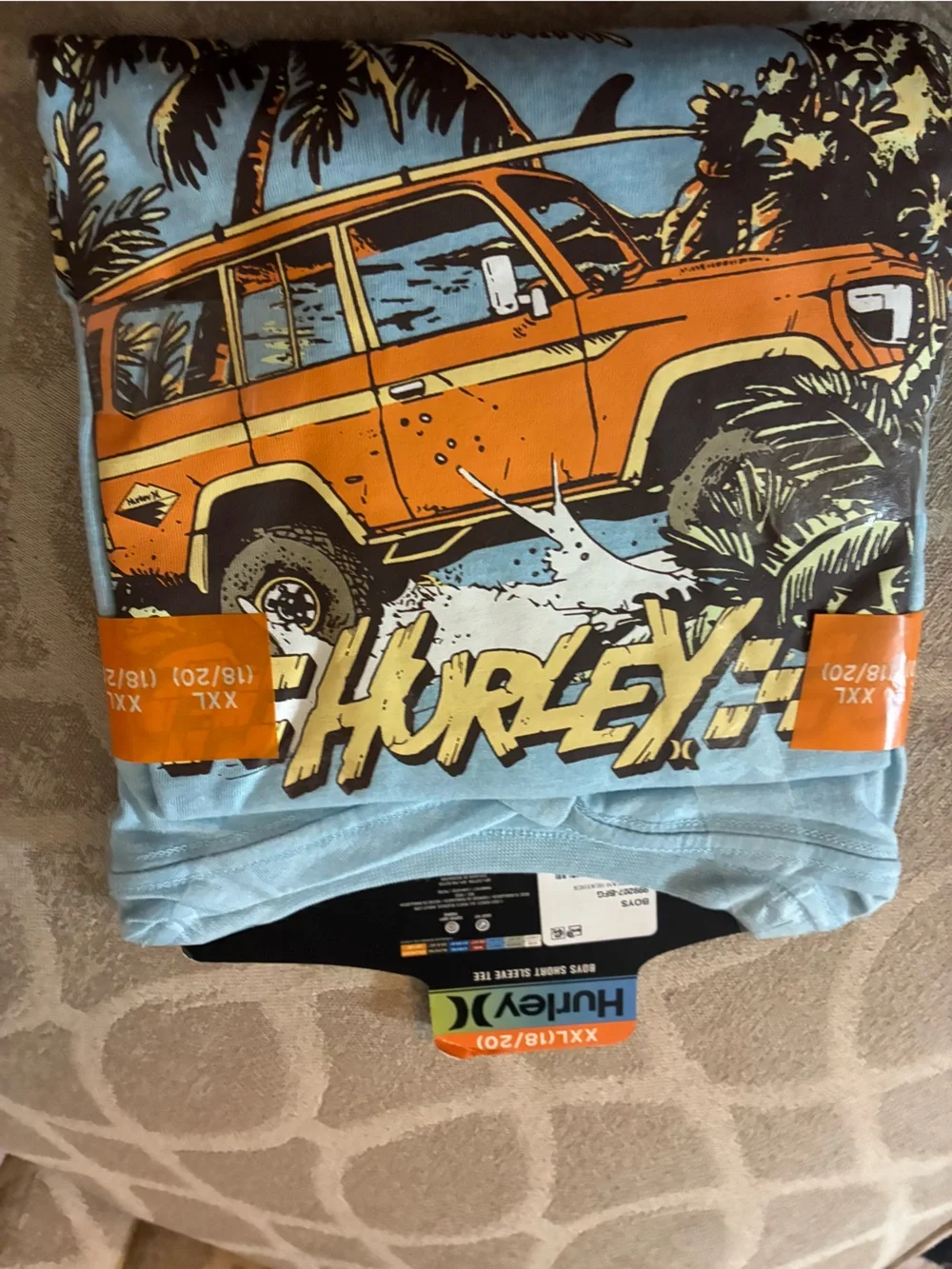 Hurley Light Blue Tee with Orange Surf Wagon Graphic